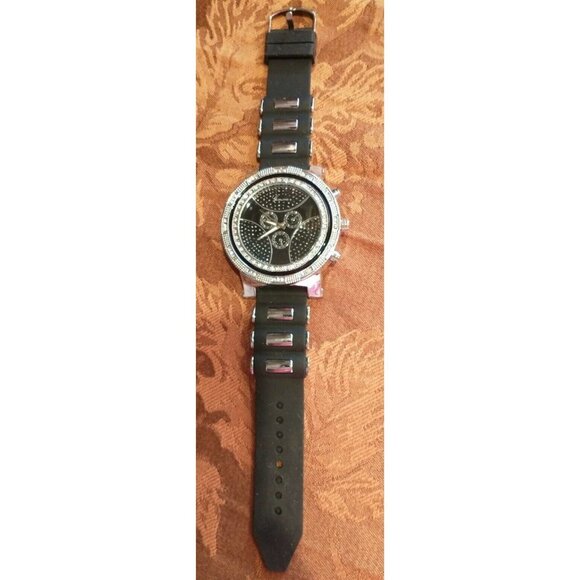 Geneva Water Resistant Quartz Large Jeweled Black Statement Bold Blingy Watch - Picture 1 of 5